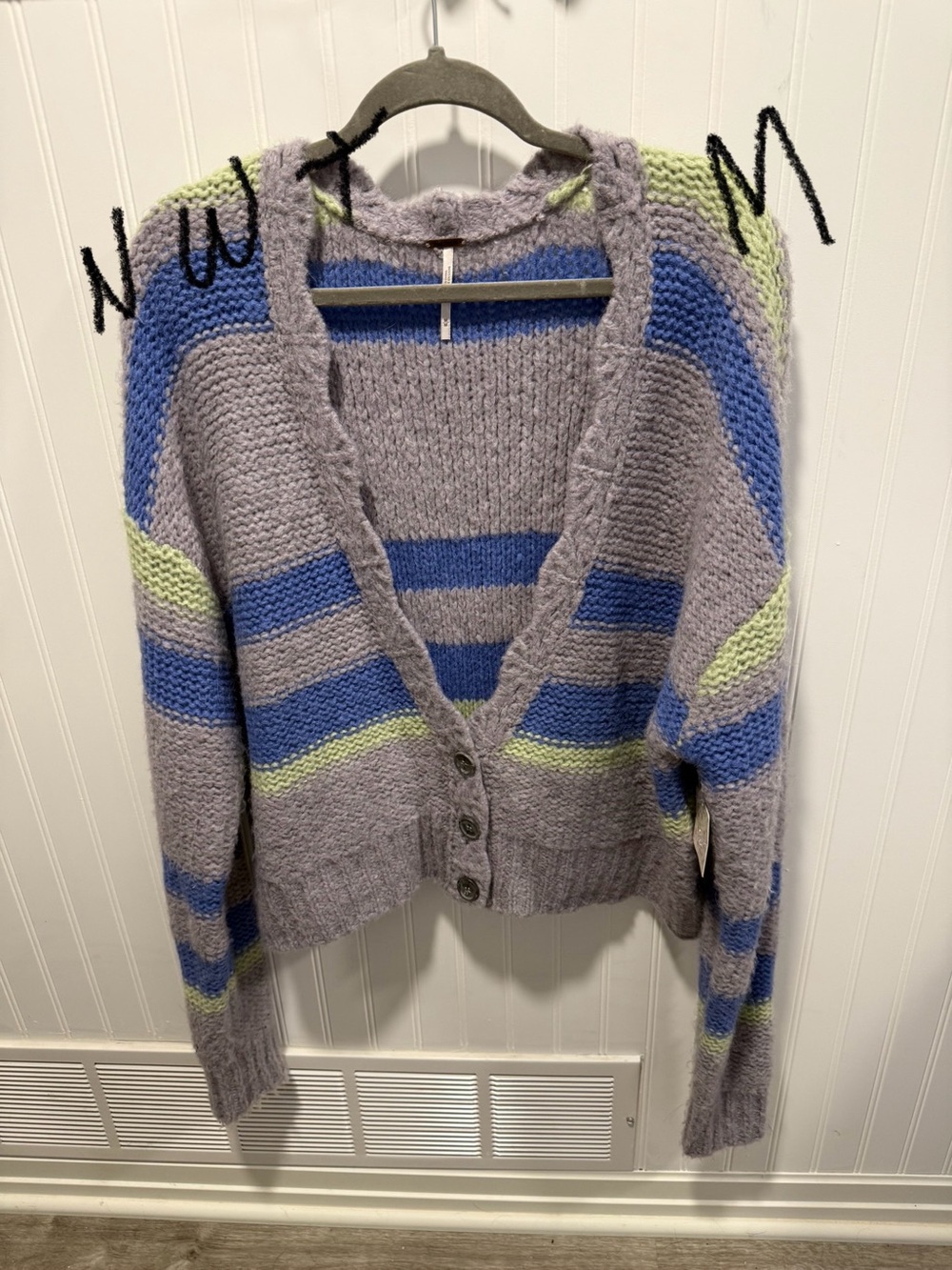 Free People Chunky V-Neck Striped Cardigan Sweater - Purple/Blue/Green